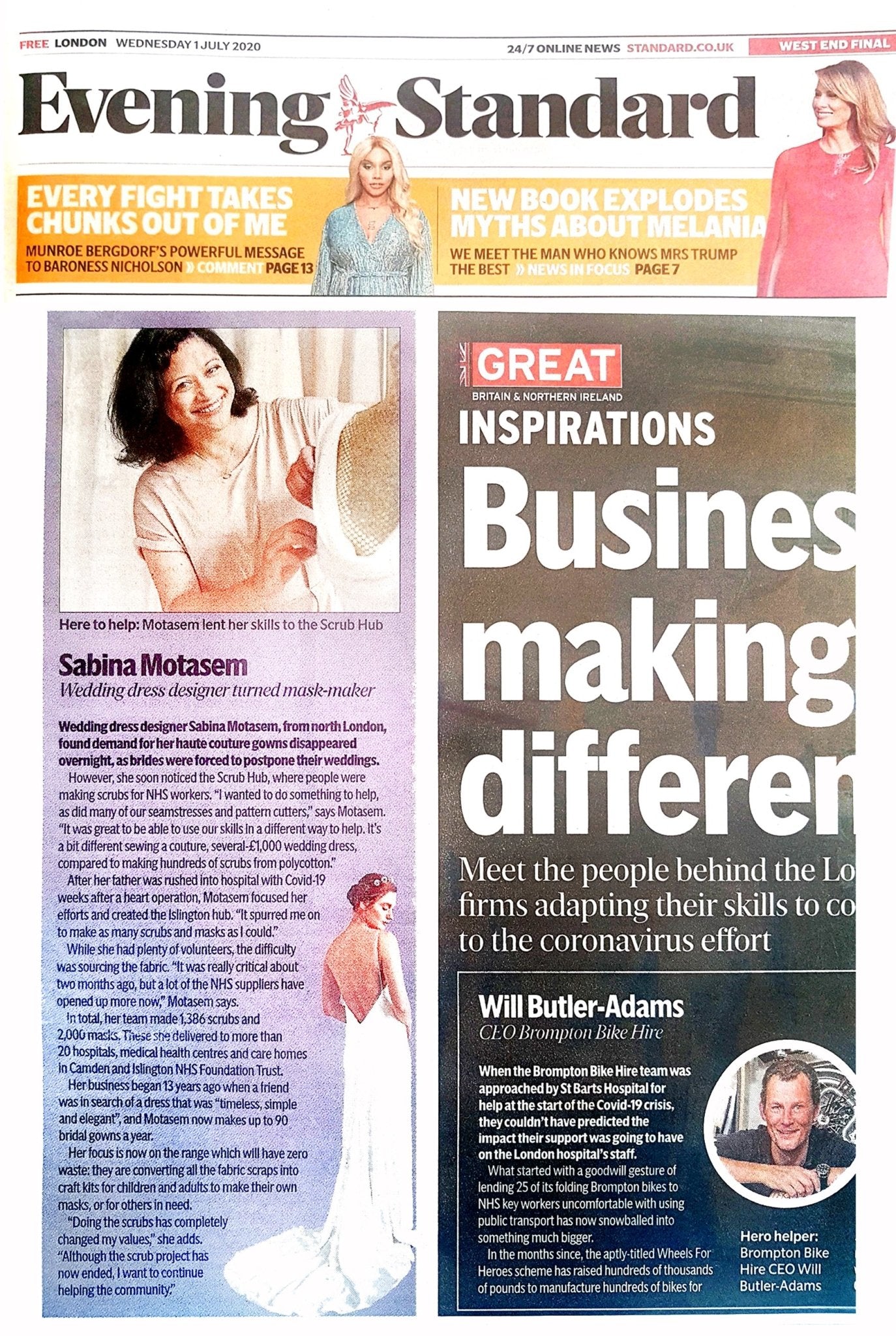 Evening Standard - Wedding Dress designer turned mask-maker - Sabina Motasem