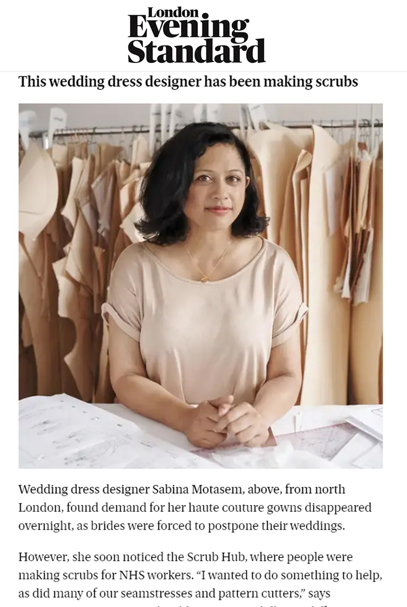 Evening Standard - Wedding Dress designer turned mask-maker - Sabina Motasem