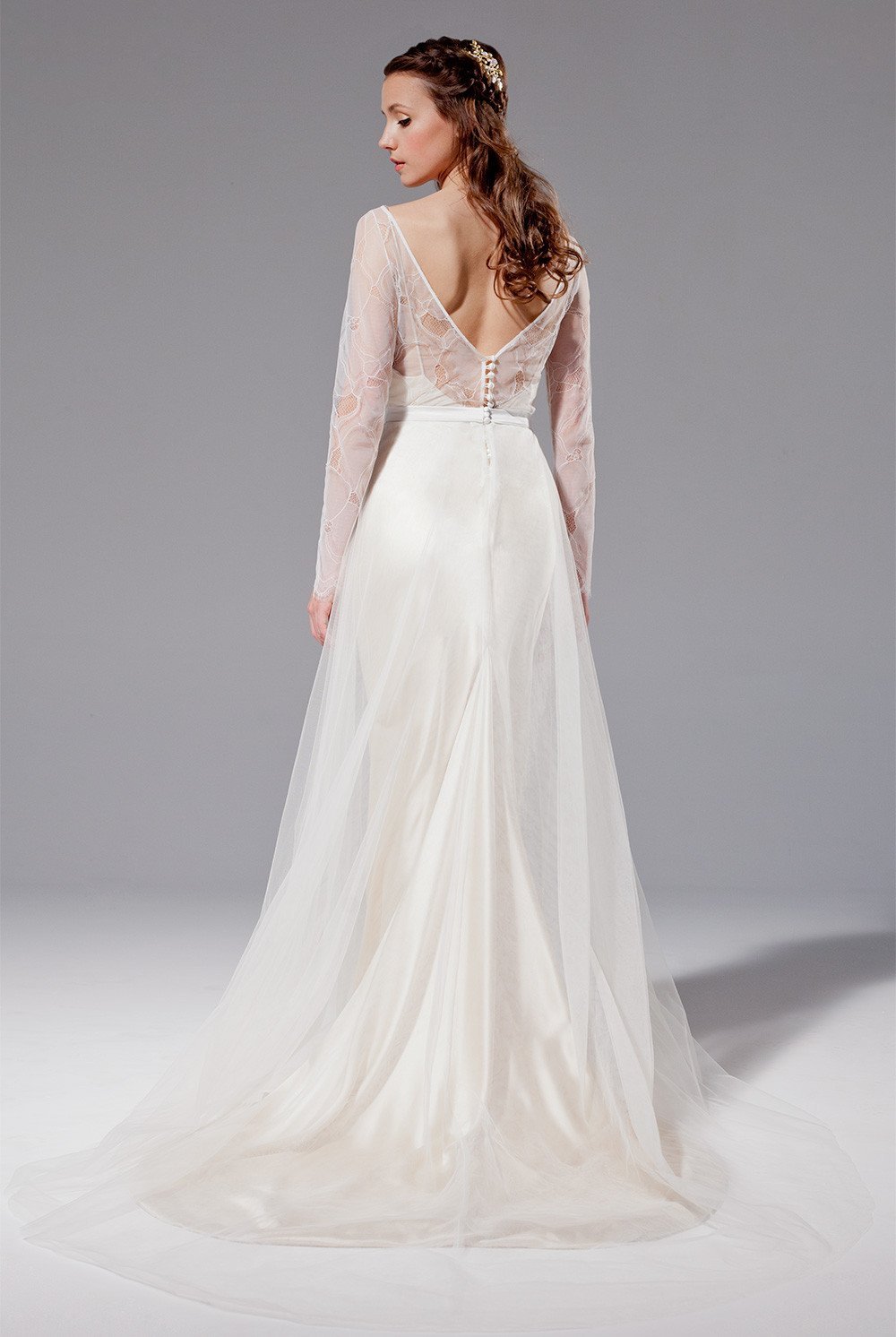 Lucille tulle over-skirt with Misty lace bodice over Elsa - Sabina Motasem