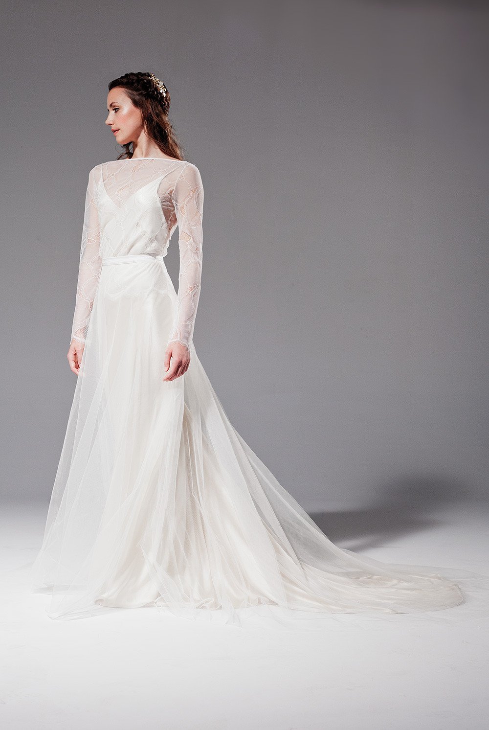 Lucille tulle over-skirt with Misty lace bodice over Elsa - Sabina Motasem
