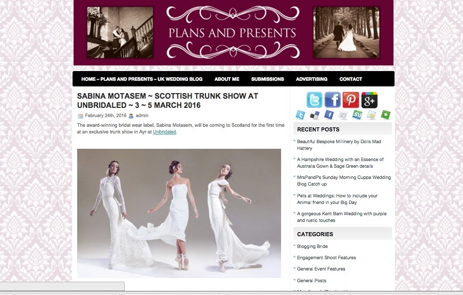 Plans and Presents website promotes Sabina Motasem Trunk Show in Ayr - Sabina Motasem